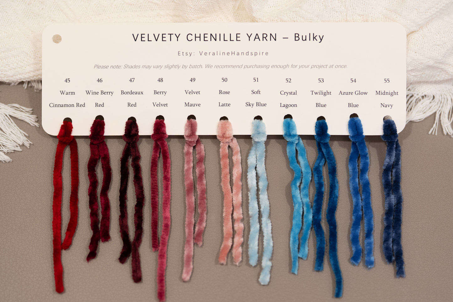 Velvety Chenille Yarn - Bulky Color Card