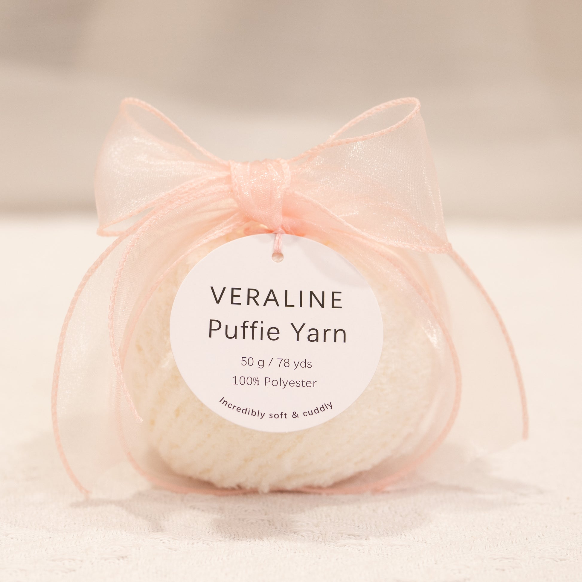 Veraline Puffie Yarn 01 Vanilla Cream soft fluffy polyester yarn skein for knitting, crochet, and plush craft projects