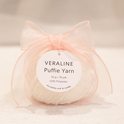 Veraline Puffie Yarn 01 Vanilla Cream soft fluffy polyester yarn skein for knitting, crochet, and plush craft projects