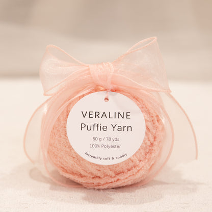 Veraline Puffie Yarn 03 Peach Soufflé Pink soft fluffy polyester yarn skein for knitting, crochet, and plush craft projects