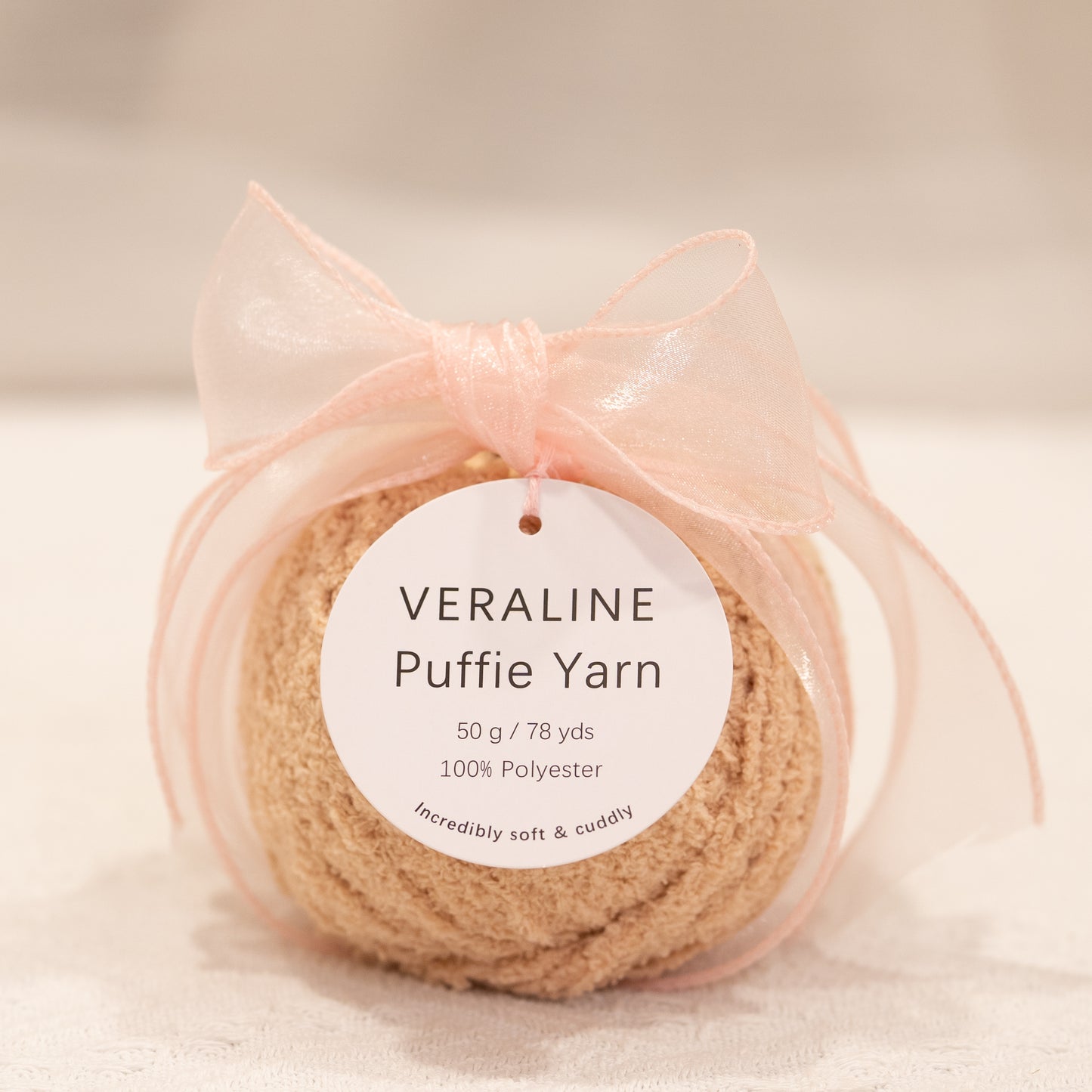 Veraline Puffie Yarn 05 Vanilla Chai Beige soft fluffy polyester yarn skein for knitting, crochet, and plush craft projects