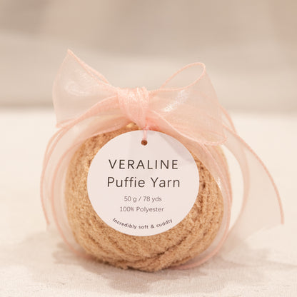 Veraline Puffie Yarn 05 Vanilla Chai Beige soft fluffy polyester yarn skein for knitting, crochet, and plush craft projects
