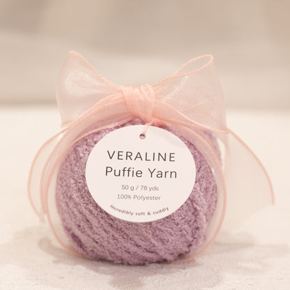 Veraline Puffie Yarn 06 Fairy Whip Purple soft fluffy polyester yarn skein for knitting, crochet, and plush craft projects
