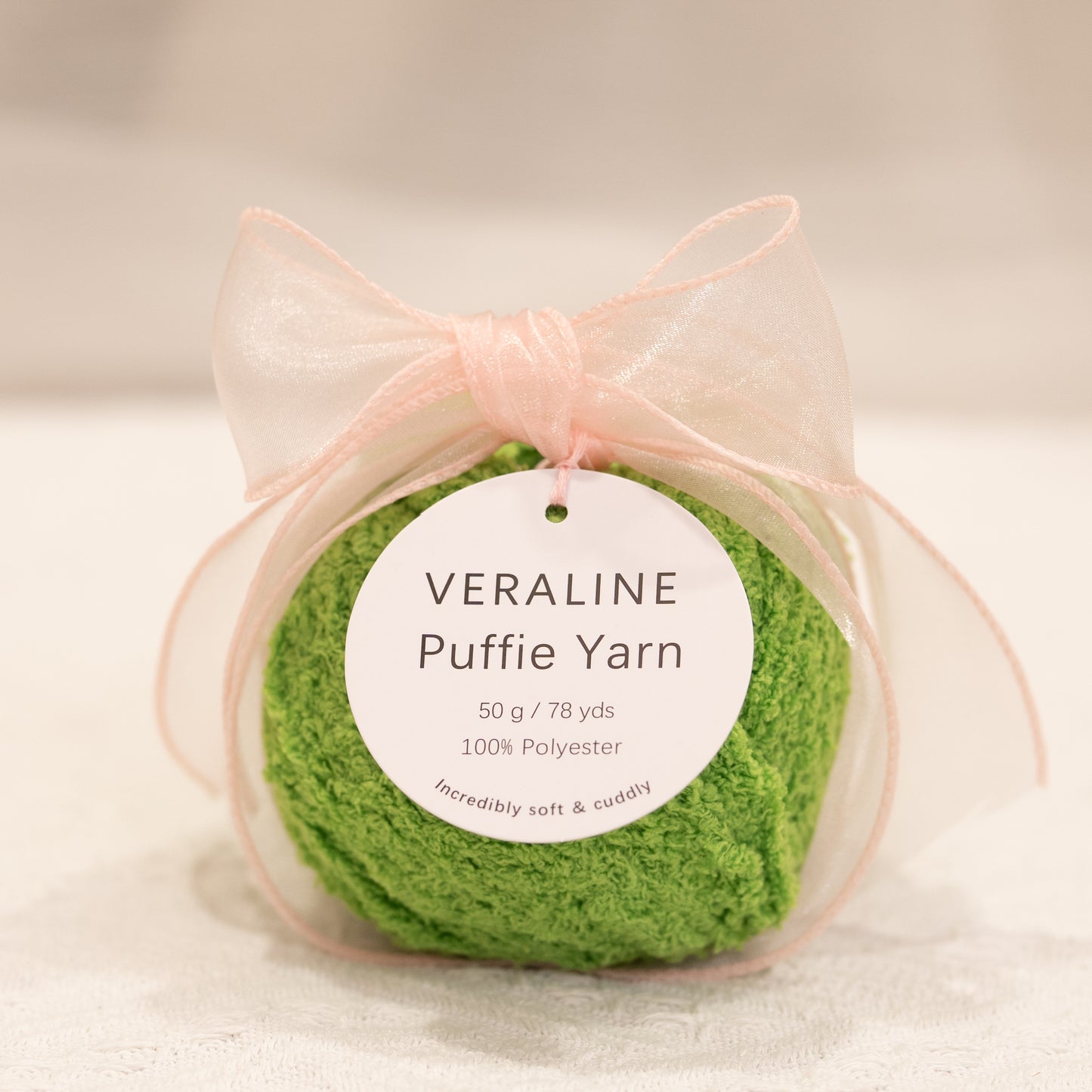 Veraline Puffie Yarn 07 Garden Moss Green soft fluffy polyester yarn skein for knitting, crochet, and plush craft projects
