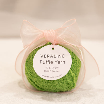 Veraline Puffie Yarn 07 Garden Moss Green soft fluffy polyester yarn skein for knitting, crochet, and plush craft projects