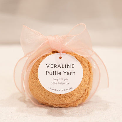 Veraline Puffie Yarn 08 Toffee Latte Beige soft fluffy polyester yarn skein for knitting, crochet, and plush craft projects