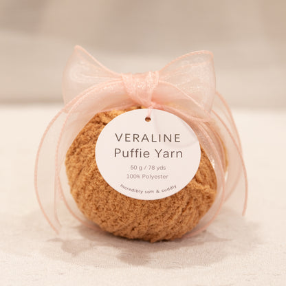 Veraline Puffie Yarn 09 Caramel Drizzle Brown soft fluffy polyester yarn skein for knitting, crochet, and plush craft projects