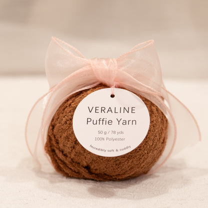 Veraline Puffie Yarn 10 Burnt Sugar Brown soft fluffy polyester yarn skein for knitting, crochet, and plush craft projects
