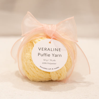 Veraline Puffie Yarn 11 Buttercream Yellow soft fluffy polyester yarn skein for knitting, crochet, and plush craft projects