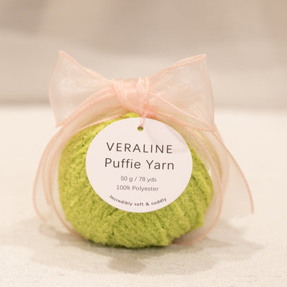 Veraline Puffie Yarn 12 Zesty Melon Green soft fluffy polyester yarn skein for knitting, crochet, and plush craft projects