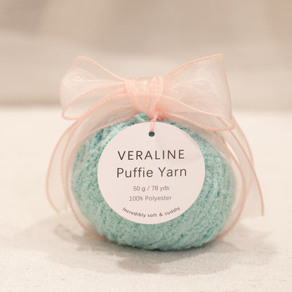 Veraline Puffie Yarn 13 Frost Mint Blue soft fluffy polyester yarn skein for knitting, crochet, and plush craft projects