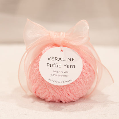 Veraline Puffie Yarn 17 Strawberry Milk Pink soft fluffy polyester yarn skein for knitting, crochet, and plush craft projects