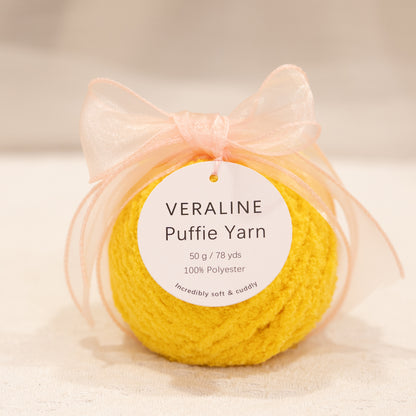 Veraline Puffie Yarn 19 Lemon Curd Yellow soft fluffy polyester yarn skein for knitting, crochet, and plush craft projects