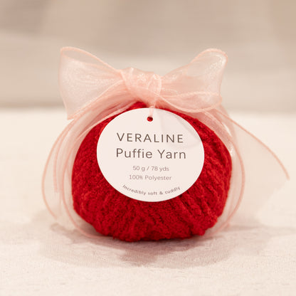 Veraline Puffie Yarn 20 Red Velvet Cherry soft fluffy polyester yarn skein for knitting, crochet, and plush craft projects
