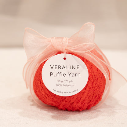 Veraline Puffie Yarn 21 Papaya Sorbet Orange soft fluffy polyester yarn skein for knitting, crochet, and plush craft projects