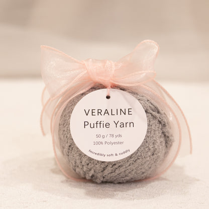 Veraline Puffie Yarn 22 Vanilla Frost Gray soft fluffy polyester yarn skein for knitting, crochet, and plush craft projects