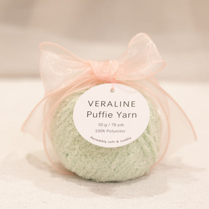 Veraline Puffie Yarn 24 Mint Sorbet Green soft fluffy polyester yarn skein for knitting, crochet, and plush craft projects