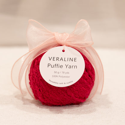 Veraline Puffie Yarn 26 Raspberry Ganache soft fluffy polyester yarn skein for knitting, crochet, and plush craft projects