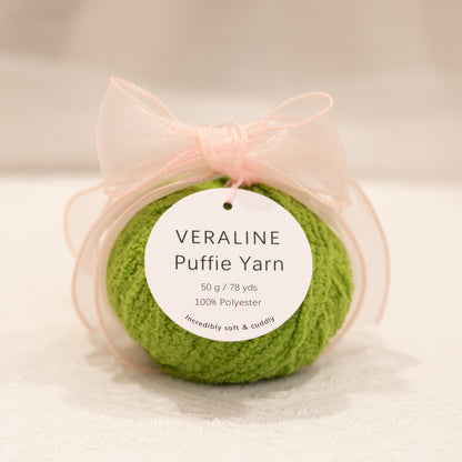 Veraline Puffie Yarn 27 Matcha Soufflé Green soft fluffy polyester yarn skein for knitting, crochet, and plush craft projects