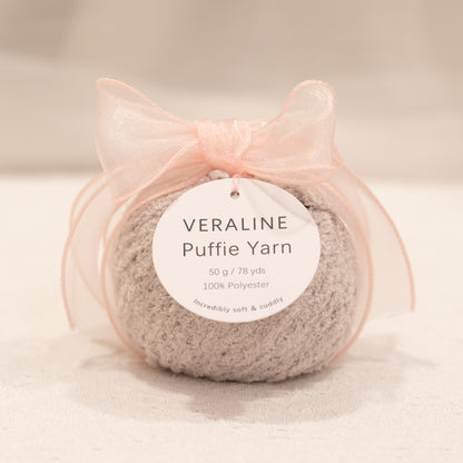 Veraline Puffie Yarn 28 Cloud Whip Gray soft fluffy polyester yarn skein for knitting, crochet, and plush craft projects