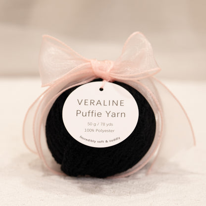 Veraline Puffie Yarn 29 Midnight Licorice soft fluffy polyester yarn skein for knitting, crochet, and plush craft projects