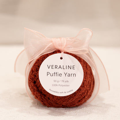 Veraline Puffie Yarn 30 Spiced Cocoa Brown soft fluffy polyester yarn skein for knitting, crochet, and plush craft projects