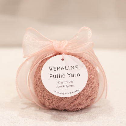 Veraline Puffie Yarn 31 Rose Latte soft fluffy polyester yarn skein for knitting, crochet, and plush craft projects