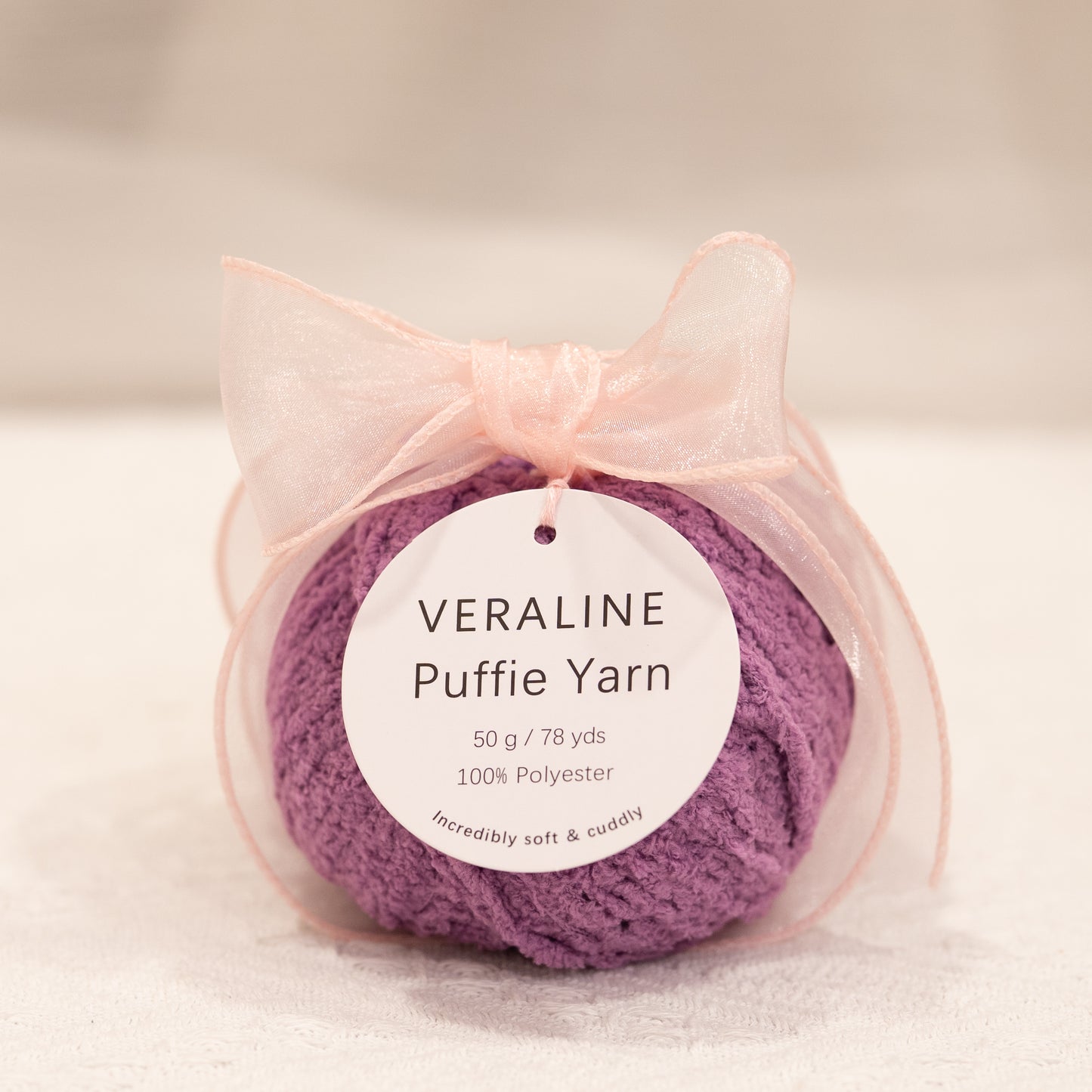 Veraline Puffie Yarn 34 Lavender Whip soft fluffy polyester yarn skein for knitting, crochet, and plush craft projects
