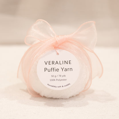 Veraline Puffie Yarn 37 Pure Snow White soft fluffy polyester yarn skein for knitting, crochet, and plush craft projects