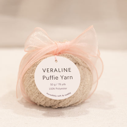 Veraline Puffie Yarn 38 Oat Crumble Beige soft fluffy polyester yarn skein for knitting, crochet, and plush craft projects