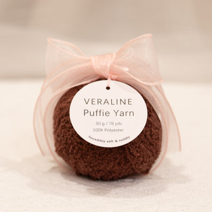 Veraline Puffie Yarn 43 Mocha Fudge Brown soft fluffy polyester yarn skein for knitting, crochet, and plush craft projects