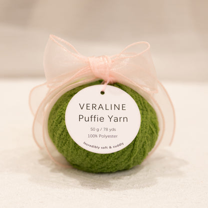 Veraline Puffie Yarn 48 Olive Drizzle soft fluffy polyester yarn skein for knitting, crochet, and plush craft projects