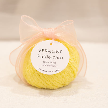Veraline Puffie Yarn 50 Citrus Zest soft fluffy polyester yarn skein for knitting, crochet, and plush craft projects