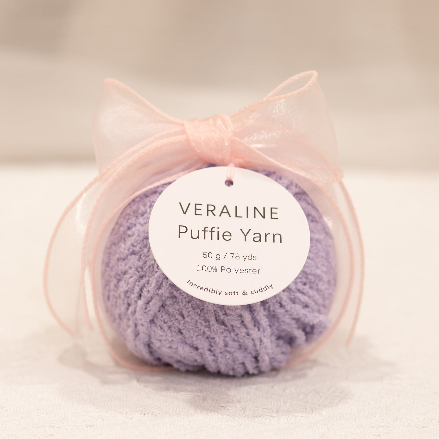Veraline Puffie Yarn 53 Lavender Glacé soft fluffy polyester yarn skein for knitting, crochet, and plush craft projects