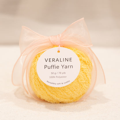 Veraline Puffie Yarn 55 Cantaloupe Cream soft fluffy polyester yarn skein for knitting, crochet, and plush craft projects