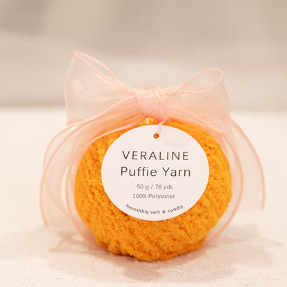 Veraline Puffie Yarn 56 Autumn Pumpkin soft fluffy polyester yarn skein for knitting, crochet, and plush craft projects